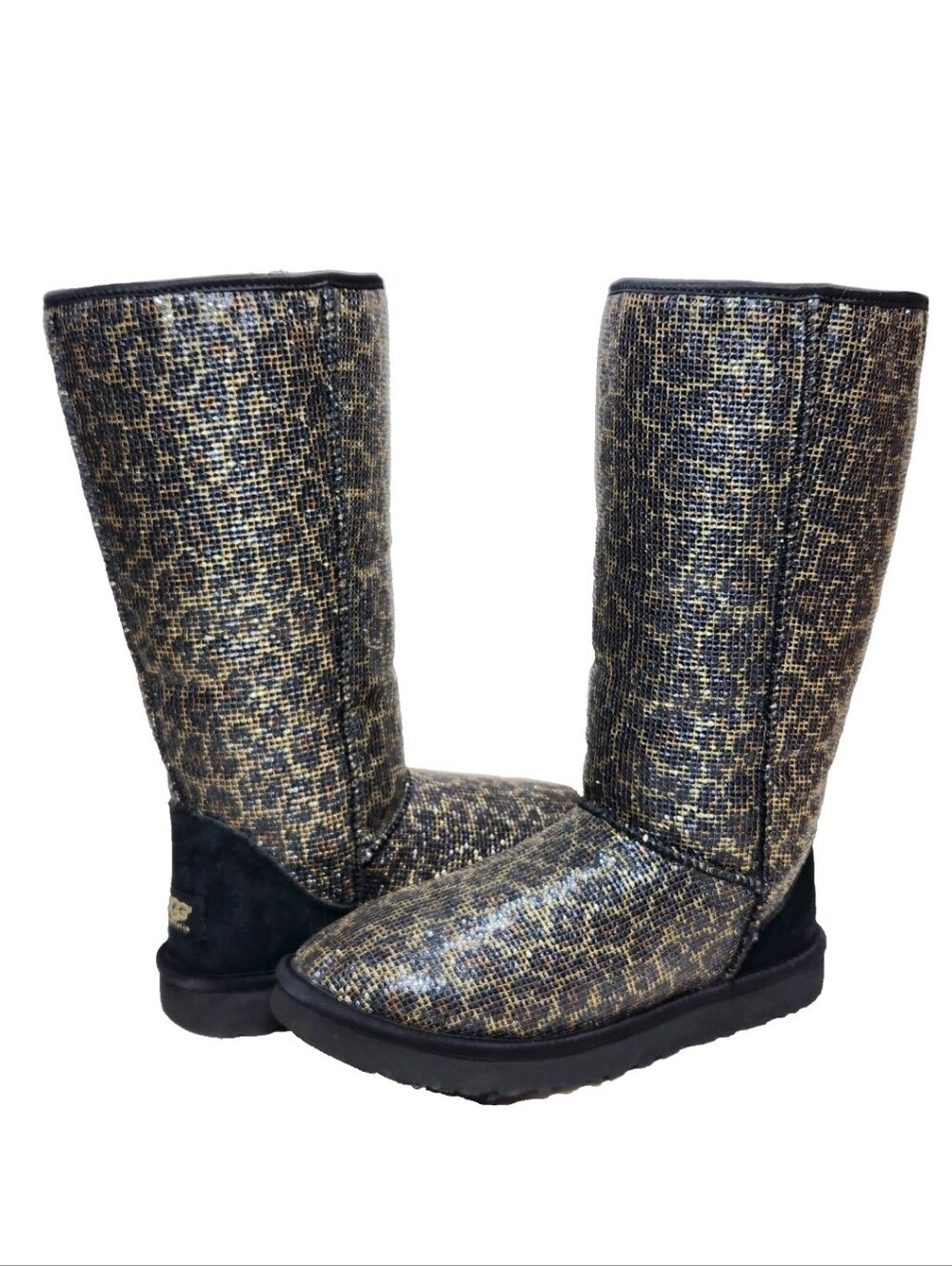 UGG Leopard Glitter Classic Tall Sz 7 Genuine Sheepskin Boots Black/Gold 1006819